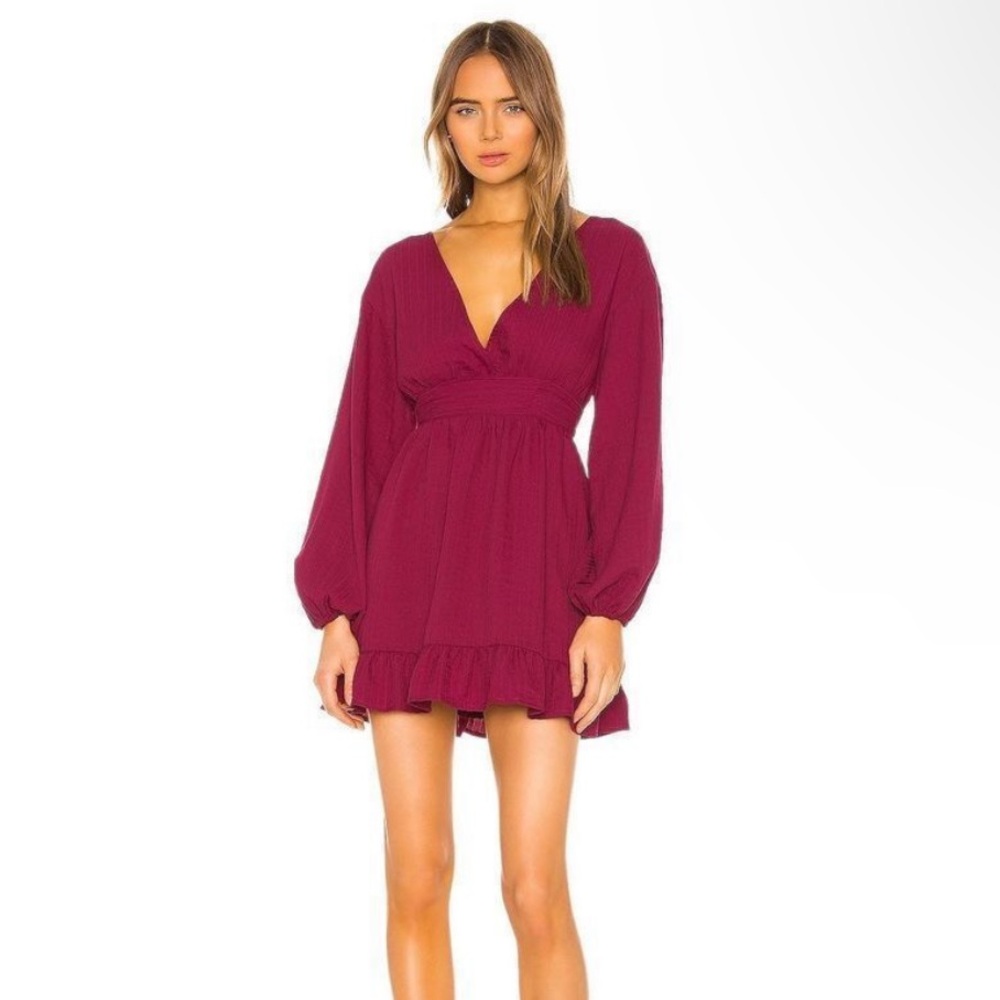 Tularosa Magenta Jordan V Neck Puff Long Sleeve Dress